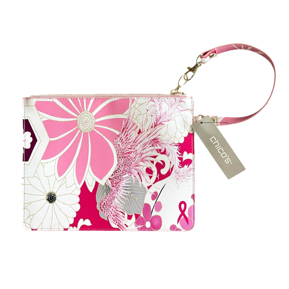 CHICO'S LBBC Breast Cancer Pink White Gold Floral Zip Pouch Wristlet 9.5" NWT